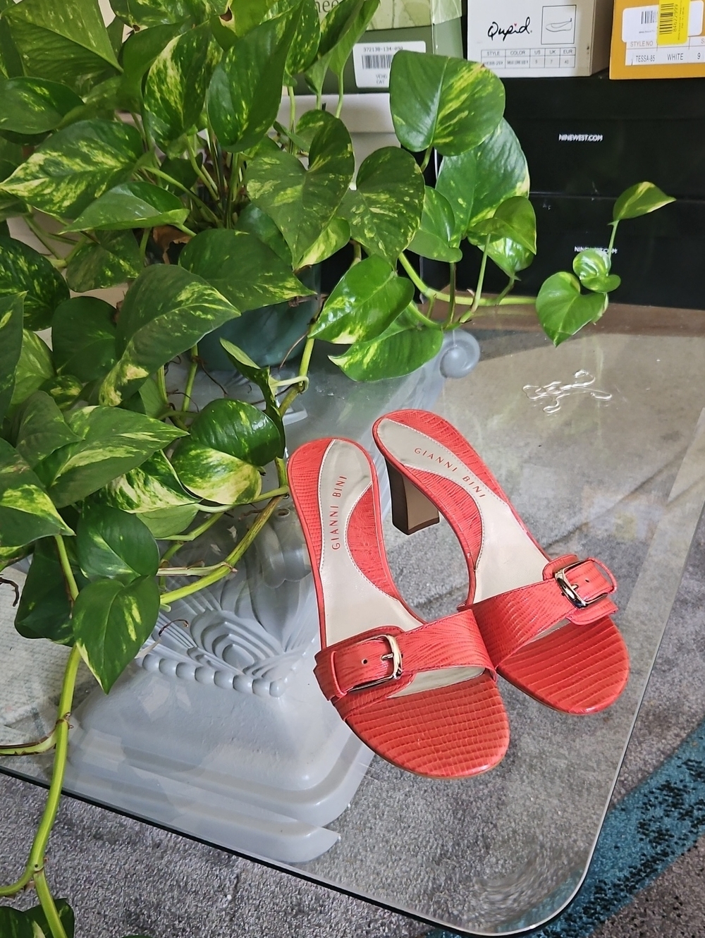 Gianni Bini Coral Red Buckle Heel Mules